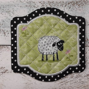 Sheep Whimsical - Cute Mug Rug Coaster - 5" x 5" - Whimsical - Quilted - Embroidered - NEW - Washable - Great Gift - Coffee Mat - Candle