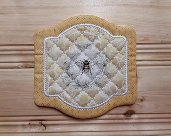 5&quot; x 5&quot; Honey  Bees - Coaster - Mug Rug  Whimsical - Quilted - Embroidered - NEW - Washable - Great Gift - Coffee Mat - Candle Mat Durable