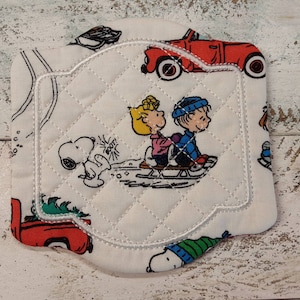 Snoopy Sally Christmas  Cute Mug Rug Coaster - 5&quot; x 5&quot; - Whimsical - Quilted - Embroidered - NEW - Washable  Great Gift  Coffee Mat Candle