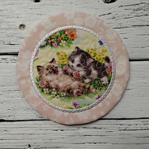 Kitty Cat - Cute Mug Rug Coaster - 5" Round Circle - Whimsical - Quilted - Embroidered - NEW - Washable - Great Gift - Coffee Mat - Candle