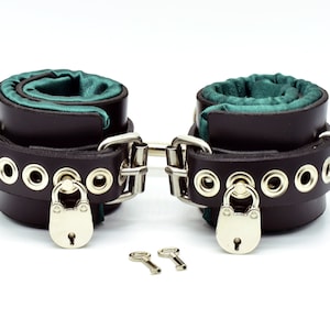 Locking Green Satin Lined Leather Wrist Bondage Cuffs (mature)