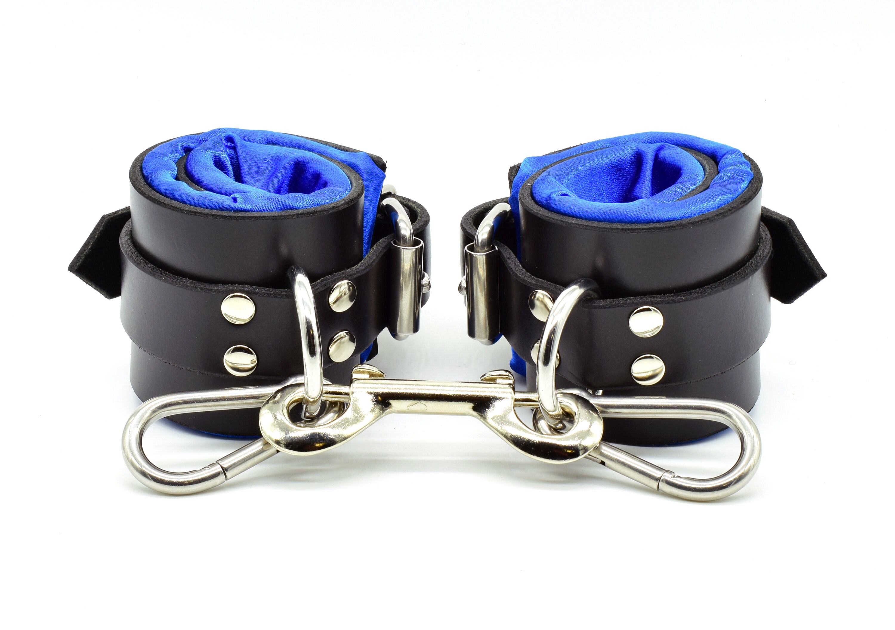 Blue Satin Lined Leather Wrist Bondage Cuffs (mature)