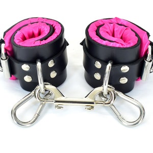 Pink Satin Lined Leather Wrist Bondage Cuffs