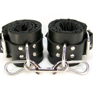 Black Satin Lined Leather Ankle Bondage Cuffs (mature)
