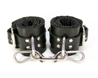 Black Satin Lined Leather Ankle Bondage Cuffs (mature)