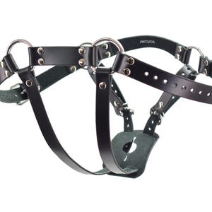 Può includere: Fune a forma di imbracatura in pelle nera con anelli e borchie in metallo argentato. La fune ha una cinghia che va intorno alla vita e due cinghie che vanno intorno alle gambe. Le cinghie sono regolabili e hanno fibbie.