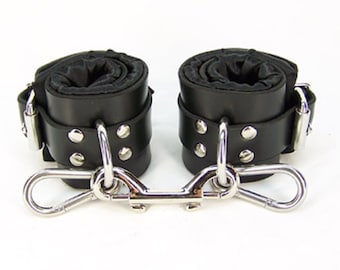 Black Satin Lined Leather Wrist Bondage Cuffs (mature)
