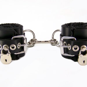 Locking Black Satin Lined Leather Ankle Bondage Cuffs (mature)