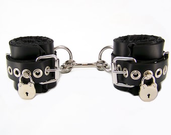 Locking Black Satin Lined Leather Ankle Bondage Cuffs (mature)