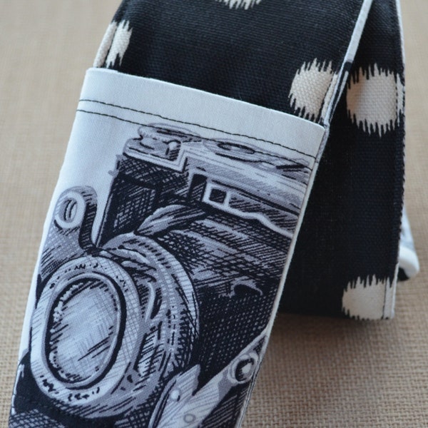 DSLR Camera Strap Cover with Pocket - Black & White Polka Dot and Camera Fabric - Reversible