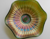Fenton Green Carnival Glass Bowl with Stippled Rays Pattern