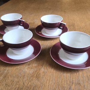 Set of 4 Art Deco Burgundy and White Cups and Saucers