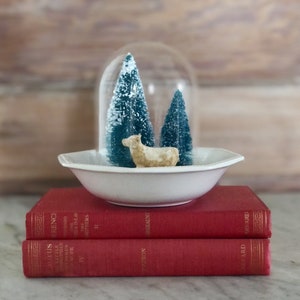 Glass Cloche with Cow Figurine and Bottle Bush Trees