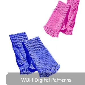 May include: Two pairs of knitted fingerless gloves in vibrant colors. One pair is a bright pink, the other is a deep blue. Each glove has a ruffled edge. The text "WBH Digital Patterns" is at the bottom.
