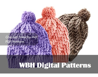 Slouchy Hat, Crochet Pattern, PDF Download, Slouchy beanie, Beanie hat pattern, woman's crochet hat, Gift ideas, trending item,