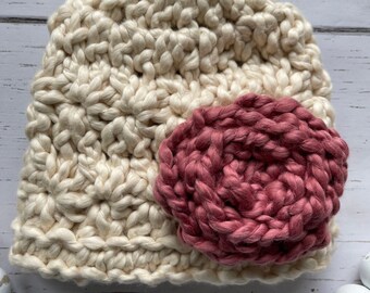 Newborn Cotton Beanie: Baby Girl Hat with Mauve Rose