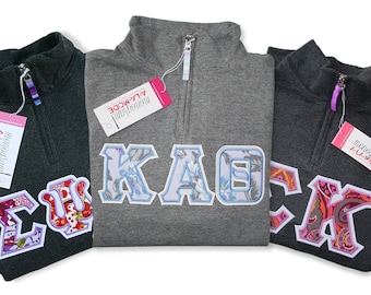 Sorority Sweatshirt | Satin Stitched 1/4 Zip Sorority Letter Applique Sweatshirt | The Best Quality Satin Stitched Greek Letters