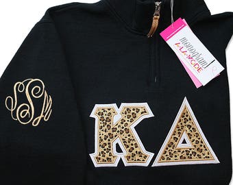 Satin Stitch 1/4 Zip Sorority Letter Applique Sweatshirt with Monogram | The Best Quality Satin Stitched Sorority Letters