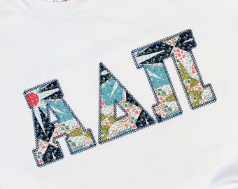 Cross Stitched, Quilted, Greek Sorority Letters on Crew Neck Sweatshirt