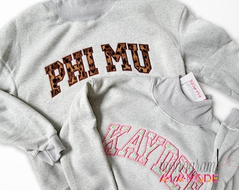 Mock Neck Satin Stitched College Sweatshirt, Varsity Style Arched Text Sorority Sweatshirt, Sorority Mock Neck Sweatshirt