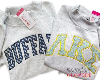 Custom Mock Neck Embroidered Sweatshirt, Varsity Style Arched Sweatshirt, Greek Letter Sorority Sweatshirt, Mockneck Appliqued Sweatshirt
