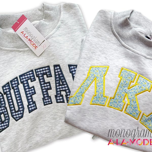 Custom Mock Neck Embroidered Sweatshirt, Varsity Style Arched Sweatshirt, Greek Letter Sorority Sweatshirt, Mockneck Appliqued Sweatshirt