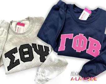 Greek Sorority Sweatshirt, Arched Stitched Letter Crew Neck Sweatshirt