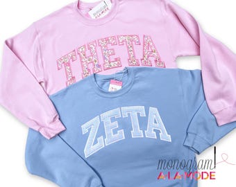 Satin Stitched College Sweatshirt, Varsity Style Arched Text Sorority Sweatshirt, Custom Sweatshirt, Sorority Crewneck Sweatshirt