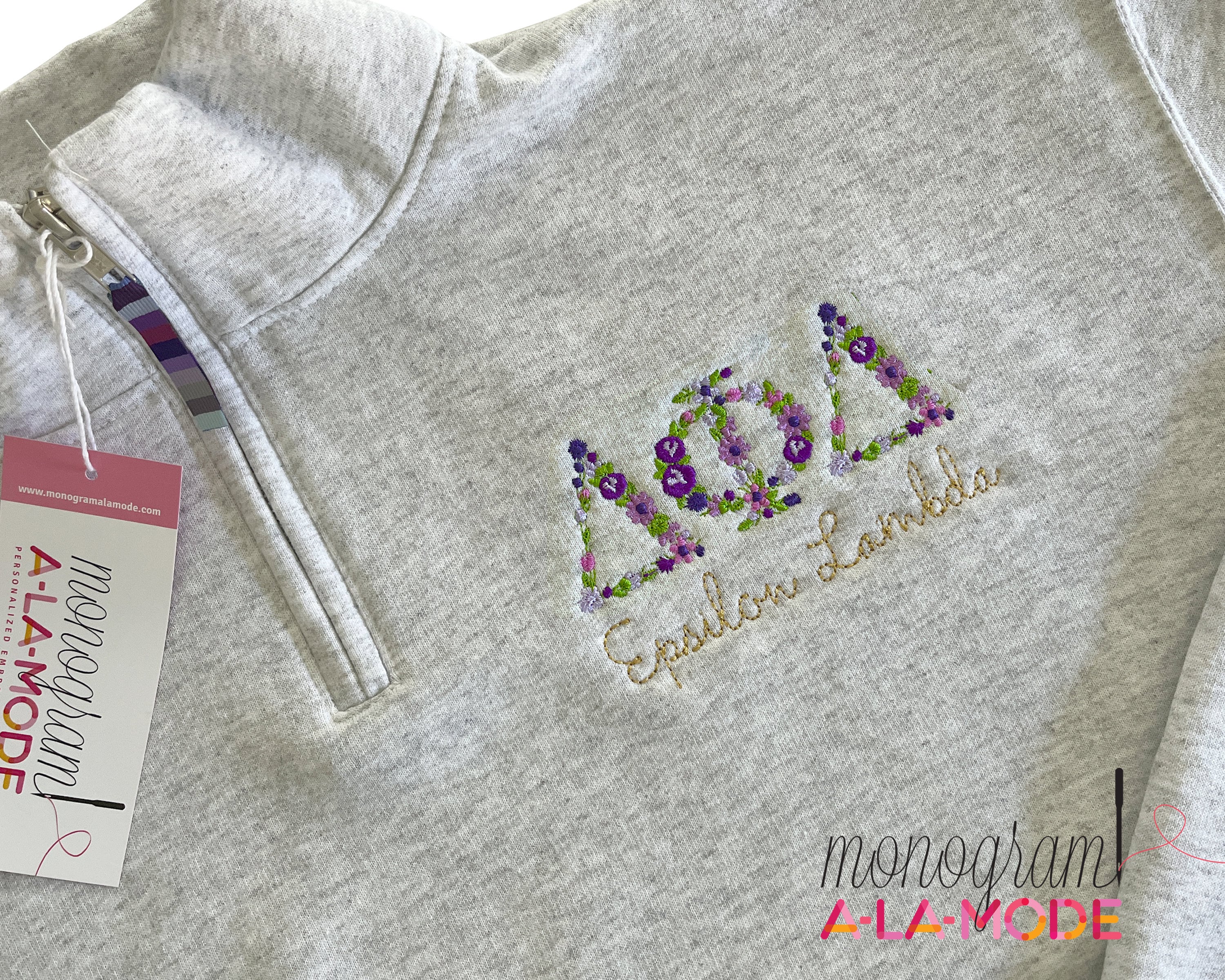 Floral Embroidered Left Chest 1/4 Zip Sweatshirt  | The Best Quality Floral Letters | Greek Letters | Sorority Sweatshirt