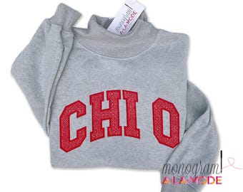 CHI O Mock Neck Satin Stitched College Sweatshirt, Varsity Style Arched Text Sorority Sweatshirt, Sorority Mock Neck Sweatshirt