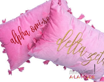 Tassel Fringed Sorority Greek Pillow Cover | Embroidered Velvet Pillow Cover | Sorority Named Pillow Cover