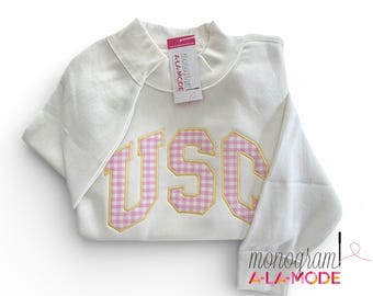 Custom Mockneck, Arched Text Satin Stitched Varsity Style College Sweatshirt, Sorority Mock Neck Sweatshirt, Creme Color