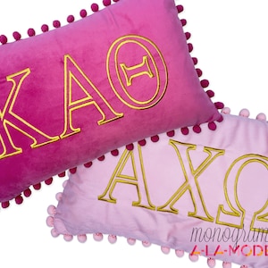 Pom Pom Fringed Sorority Greek Letter Pillow Cover | Embroidered Velvet Pillow Cover | Sorority Letter Pillow Cover