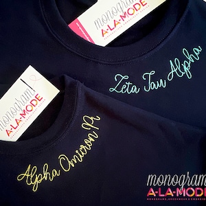Sorority Script Crew Neck Sweatshirt | Sorority Embroidered Around Neck