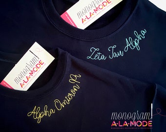 Sorority Script Crew Neck Sweatshirt | Sorority Embroidered Around Neck