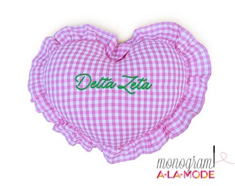 Heart Shaped Gingham Checked Sorority Greek Letter Pillow Cover, INSERT INCLUDED, Embroidered Sorority Pillow Cover & Insert