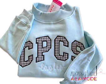 Light Blue Mock Neck Satin Stitched College Sweatshirt, Varsity Style Arched Text Sorority Sweatshirt, Greek Letter Sorority Sweatshirt