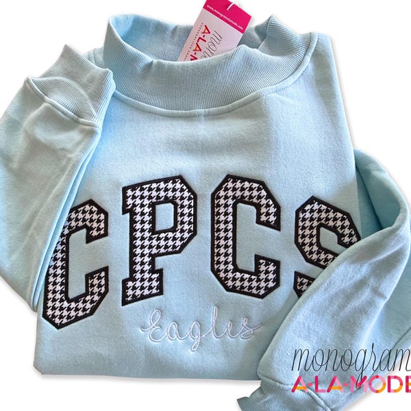 Light Blue Mock Neck Satin Stitched College Sweatshirt, Varsity Style Arched Text Sorority Sweatshirt, Greek Letter Sorority Sweatshirt