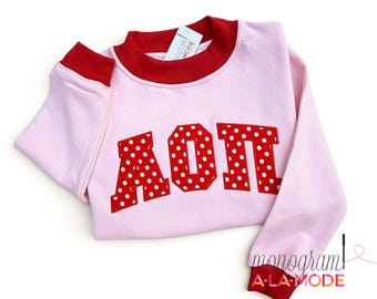 Custom Mockneck, Arched Text Satin Stitched Varsity Style College Sweatshirt, Sorority Mock Neck Sweatshirt, Light Pink with Red Cuffs