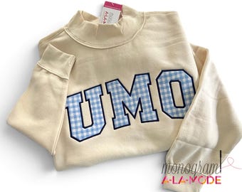 Custom Mockneck, Arched Text Satin Stitched Varsity Style College Sweatshirt, Sorority Mock Neck Sweatshirt, Vanilla