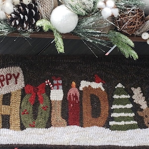 FULL SIZE Paper Rug Hooking Pattern "Happy Holidays", Primitive Rug Hooking Christmas, 10"X29.5"