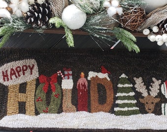 Happy Holidays Primitive Rug Hooking Pattern: Deer, Holly, Cardinal (Full Size Paper Pattern)