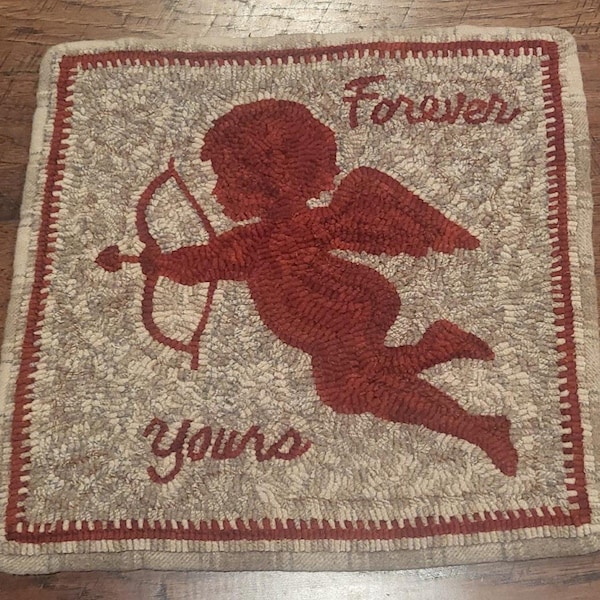 Forever Yours FULL SIZE Paper Rug Hooking Pattern Hooked Primitive Valentine's Day Cupid Heart 16"X16"