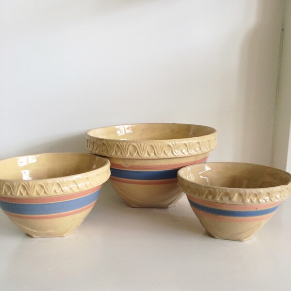 Reduced! Old Yellow Ware Blue and Pink Striped Farm House Pottery Bowl Set L, M, S