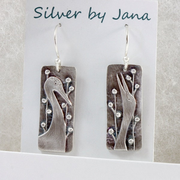 Fine Silver Rectangular Crane Earrings Embossed