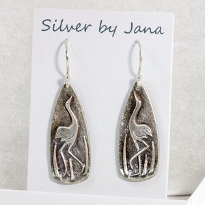 Fine Silver Dangle Crane Earrings Embossed