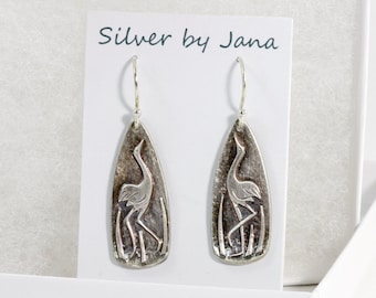 Fine Silver Dangle Crane Earrings Embossed