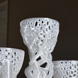 May include: Three clear, translucent, 3D printed planters with intricate, organic designs. The planters are made of a lightweight, durable material and have a unique, modern aesthetic.