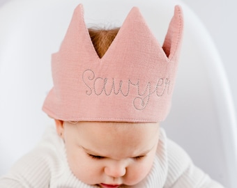 Embroidered Linen Crown Girls Birthday Keepsake First Birthday Party Decor Smash Cake Photo Prop Girls Custom Birthday Crown