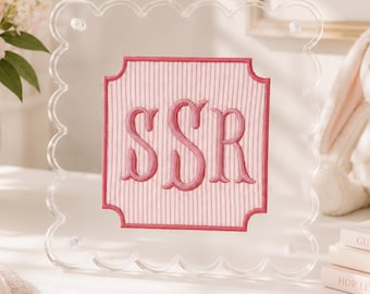Personalized Monogram Frame Lucite Grandmillennial Nursery Baby Shower Embroidered Initial Plaque Bridal Southern Decor